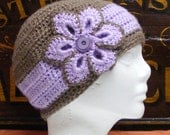 Hand Crocheted Woman's Cloche Hat -Taupe Hat with Orchid Band and flower Light Purple