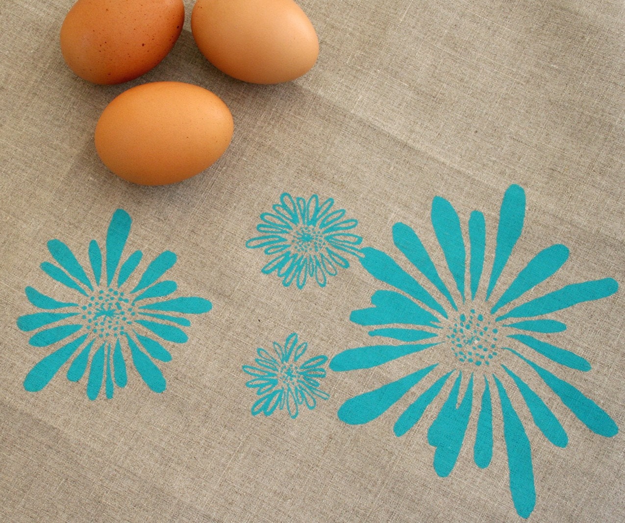 Turquoise Flowers. Natural Linen Tea Towel. Kitchen Towel.