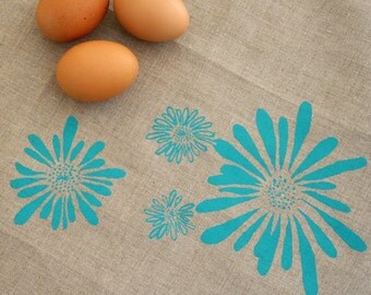 Turquoise Flowers. Natural Linen Tea Towel. Kitchen Towel.