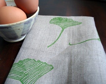 Green Ginkgo Leaf. Linen Tea Towel. Mother's Day Gift.
