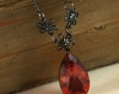 Swarovski Crystal Red Magma Pear Shaped Pendant Necklace, Gun Metal, Floral, Flower Petal, Toggle Clasp, Jewelry