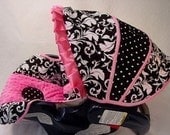 Custom Boutique Black Damask Hot Pink Infant Car Seat Cover 5 piece set