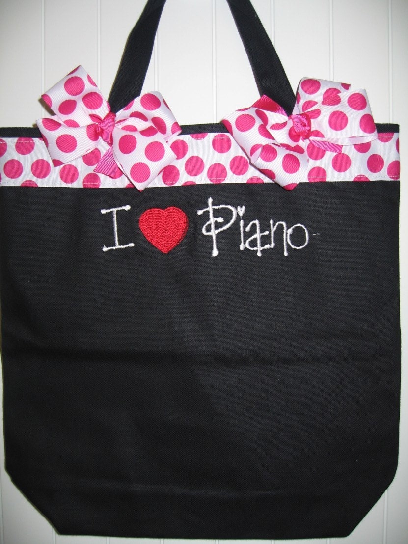 I Love Piano - Music Tote Bag with 2 FREE Hair Bows