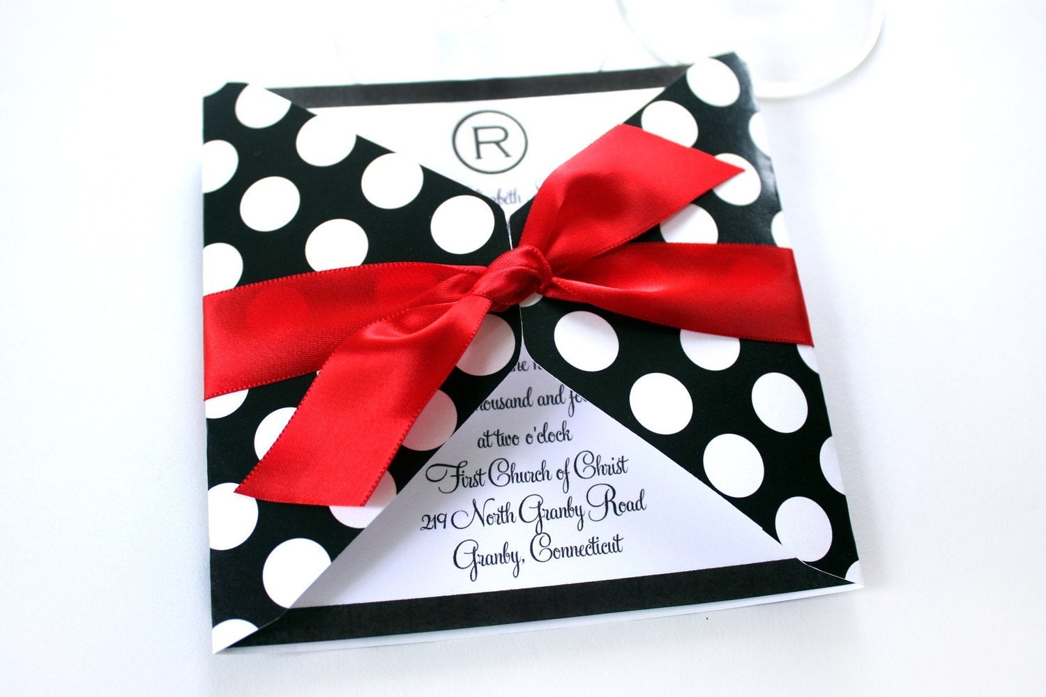 EDITABLE White on Black Posh Dots Paper Wrap Invite Card