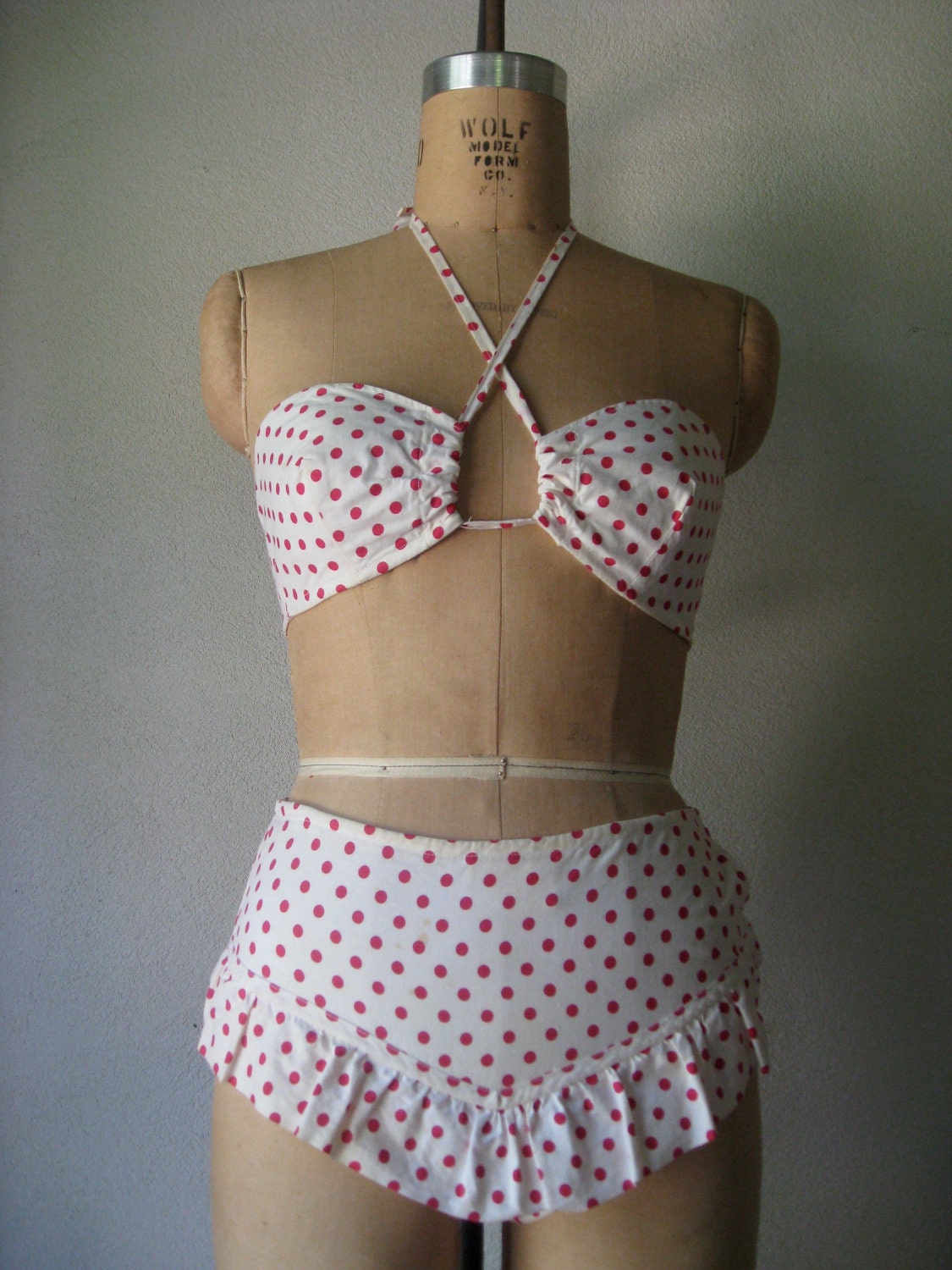 vintage 1940s to 1950s swimsuit / cotton two-piece bikini red polka dots ruffles halter