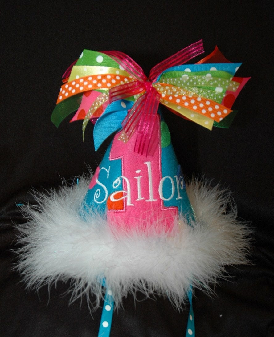1st Birthday Party Hat Super Cutie Pie Delight-Polka Dots--With Maribou Trim or have me custom make a hat to match your party theme