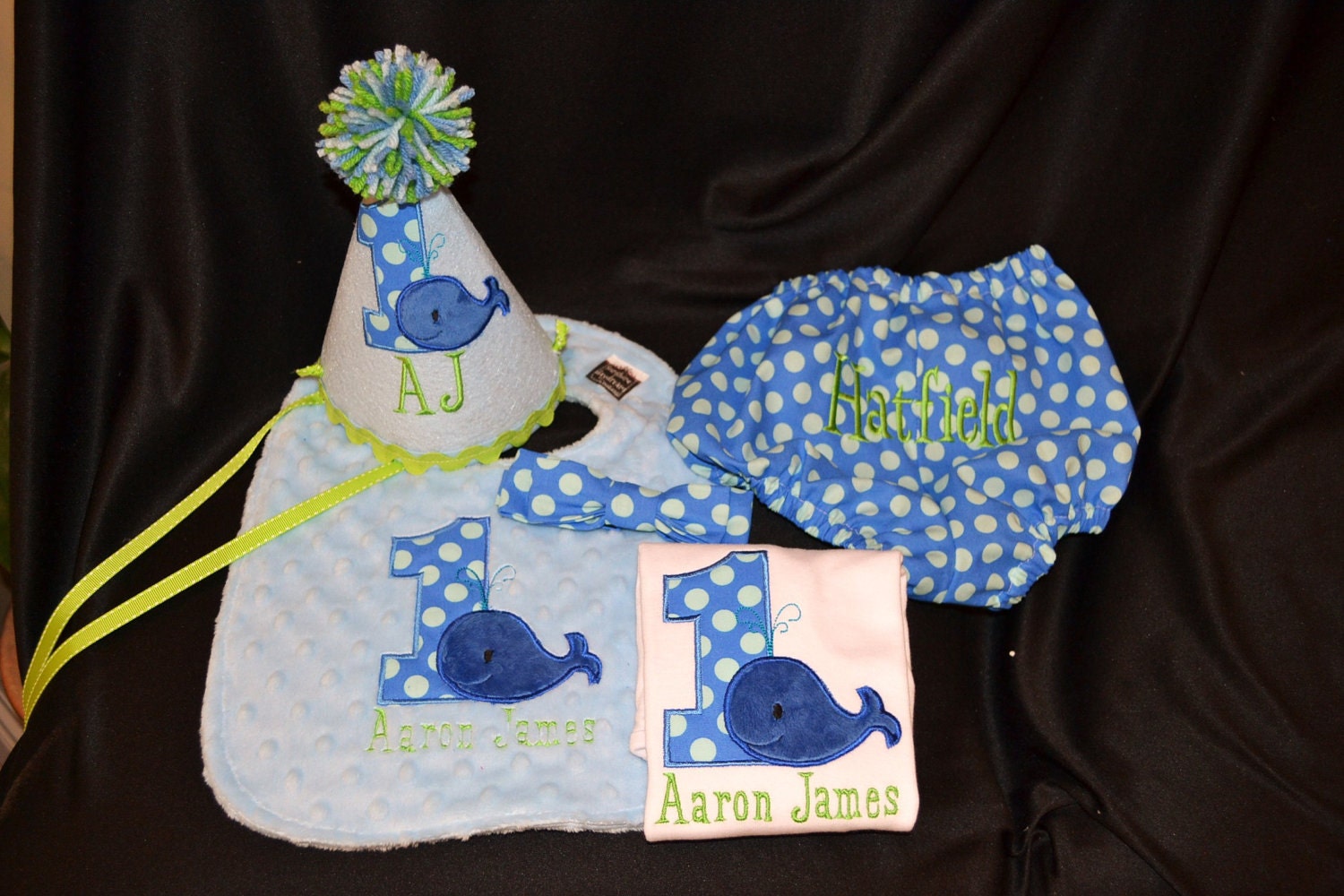Whale Theme 1st Birthday Party Deluxe Set with  Hat, bib, diaper cover, Bow Tie and Shirt