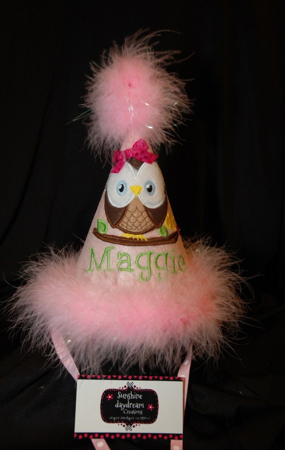 Divine Owl 1st Birthday Hat Birthday Party Hat With Maribou Trim or have me custom make a hat to match your party theme