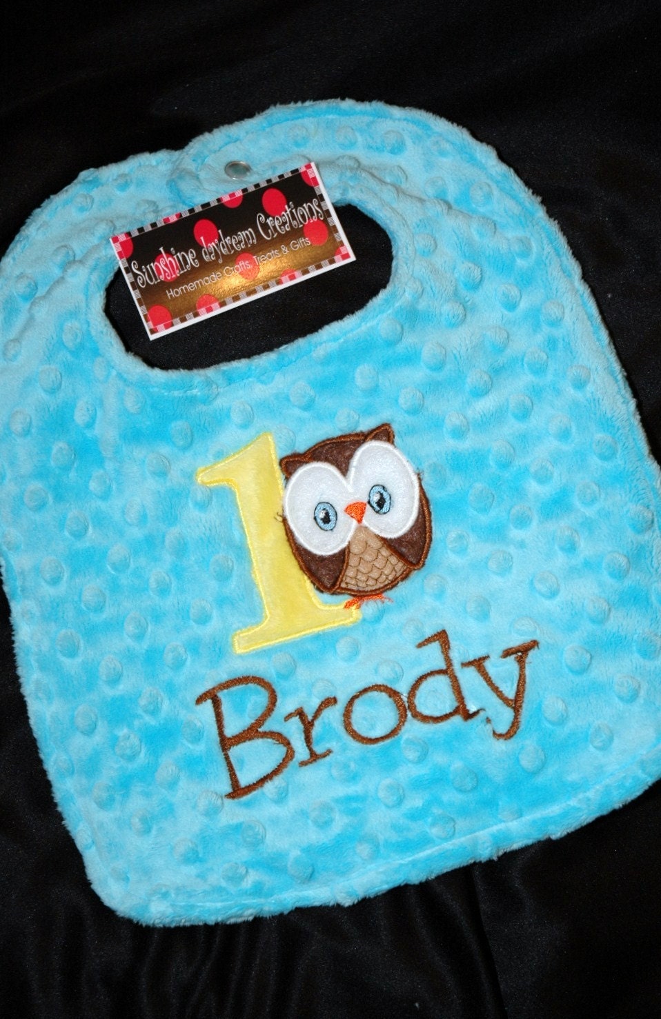 Owl Birthday  turning ONE  Boy Birthday Bib-- Can be plain or embroidered with a name. Your Choice- Same Price