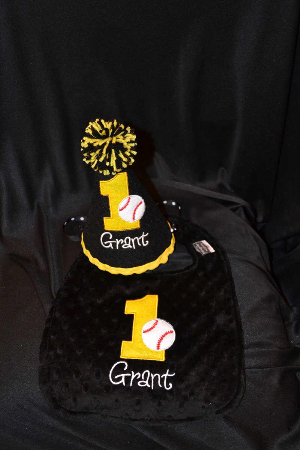 1st Birthday Hat and Bib Combo Set Baseball Theme or have me create a set in your theme and colors