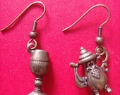stunning vintage antique style bronze little teapot and cup pierced dangle earring