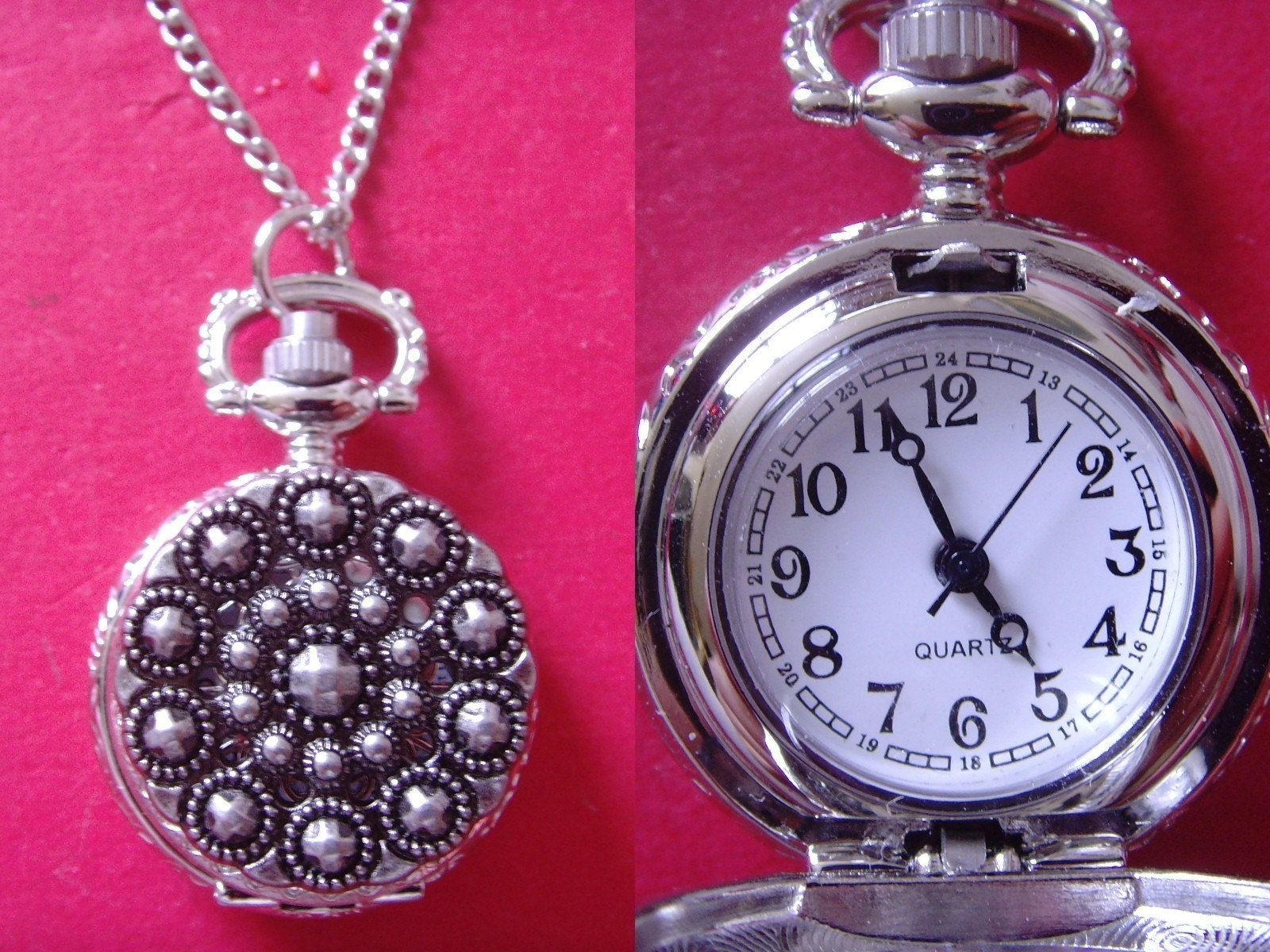 Unique Original Design Silver Tone Vintage Style Charm Pocket Watch 24 Inches Necklace