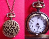 stunning flower floral filigree bronze locket pendant mini quartz movment pocket watch 24 inches chain