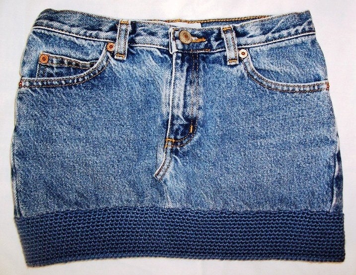 Eco Upcycled Blue Jean Mini Skirt with Soft Blue Crocheted Edge