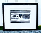 Framed art, Mixtape Love hand printed art, black and white