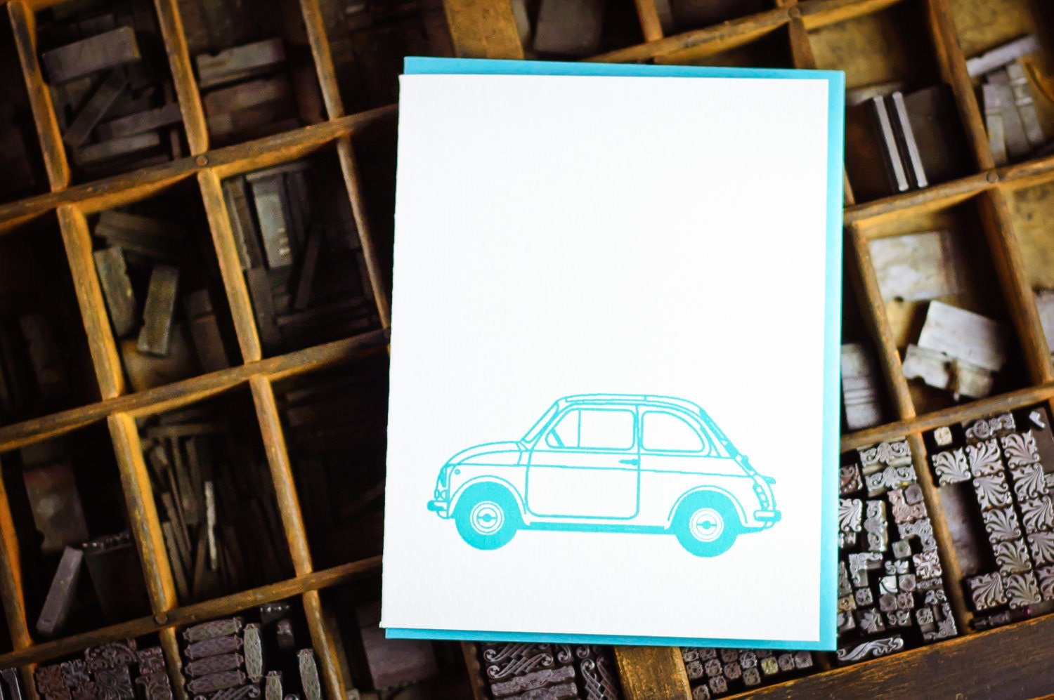Single letterpress Blue Cinquecento (fiat 500) card by The Permanent Collection