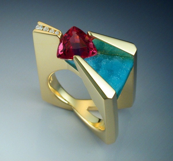 18k Pink Tourmaline, diamond and chrysocolla ring