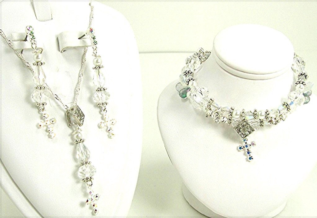 Easter CRYSTAL Cross  PEARLS Jewelry set Swarovski AB Crystals Necklace Bracelet Earrings Handmade