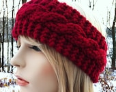 Chunky Cable Headband Earwarmer - Cranberry Red - MADE TO ORDER