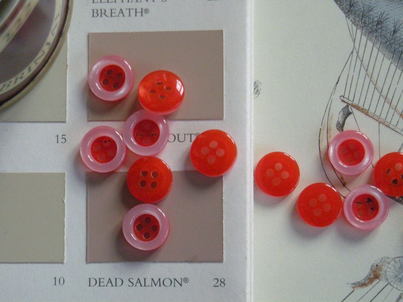 blouse buttons, light red and white, 14 pieces