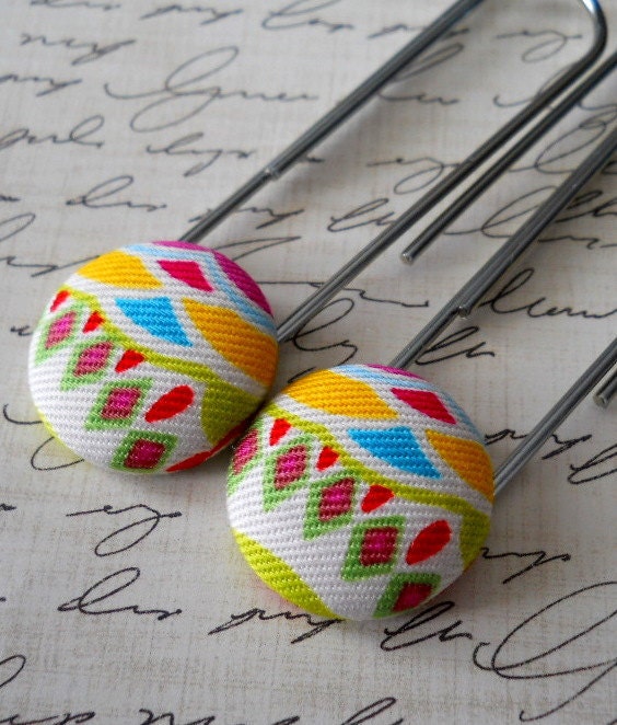 Multi-Colored Geometric Pattern Fabric Covered Button Bookmarks/Paperclips, handmade by JEJEWELED