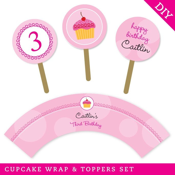 Pink cupcake party - Personalized DIY printable cupcake wrapper and topper set