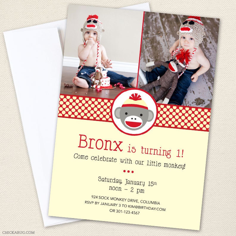 Sock monkey party - Set of 15 custom photo invitations - Printable file also available