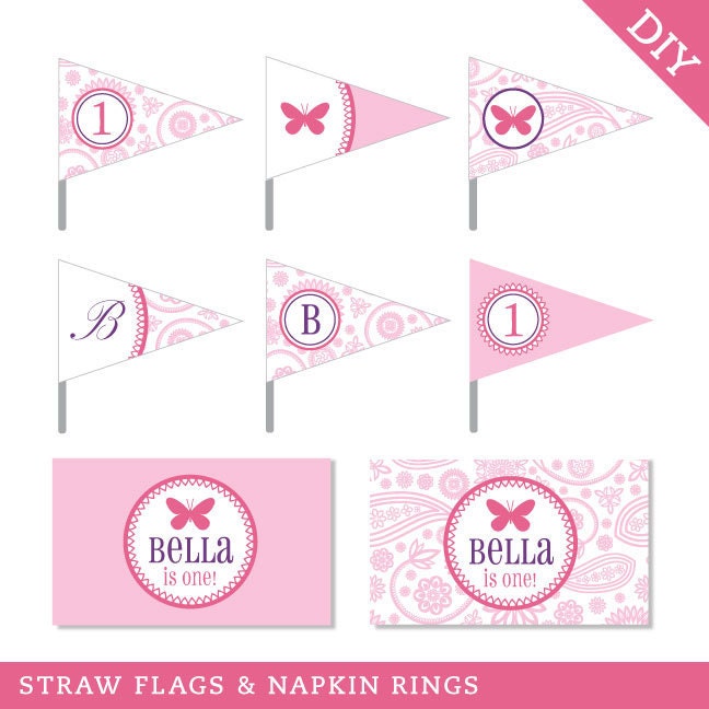 Butterfly party - Personalized DIY printable straw flags and napkin rings