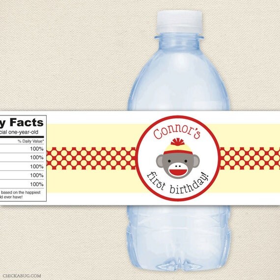 Sock Monkey - Personalized water bottle labels - Set of 15