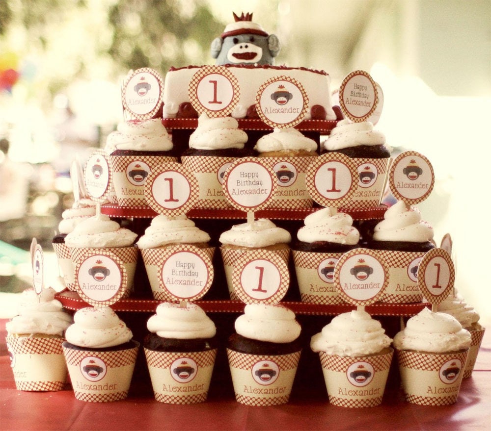 Sock Monkey party - Personalized DIY printable cupcake wrapper and topper set