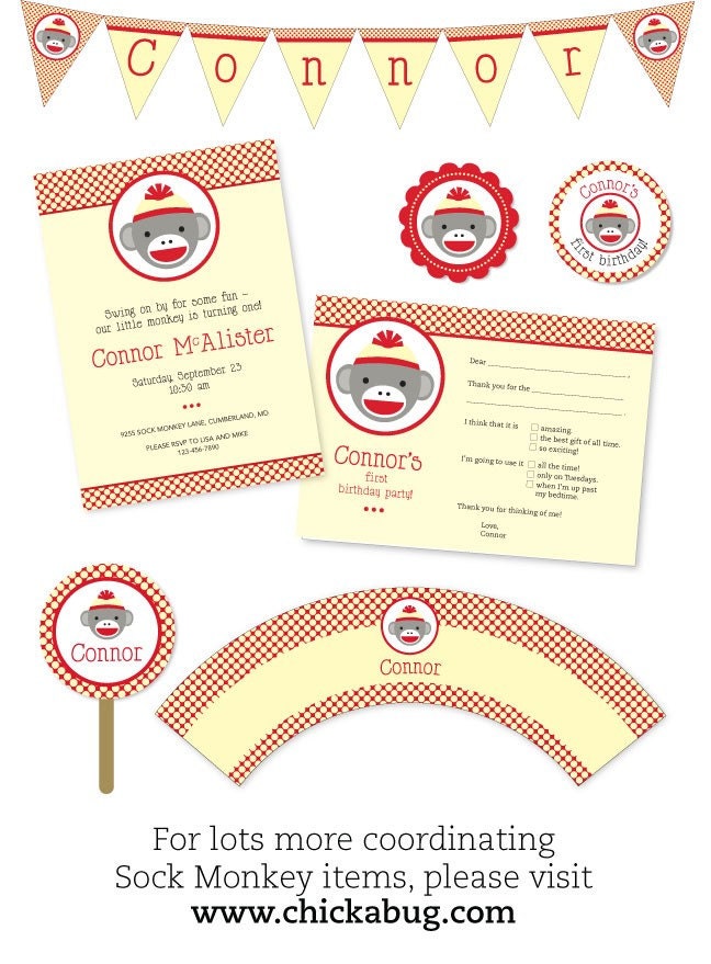 Sock Monkey - Personalized water bottle labels - Set of 15