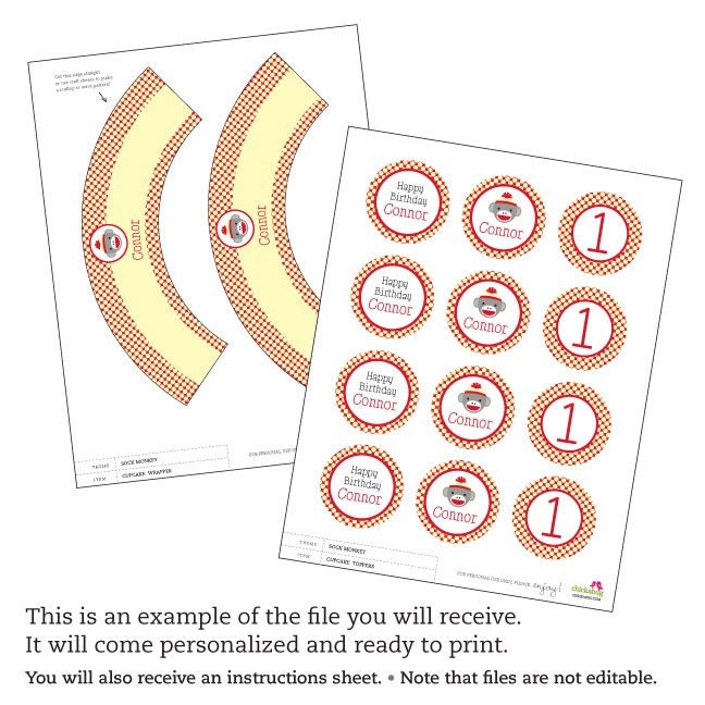 Sock Monkey party - Personalized DIY printable cupcake wrapper and topper set