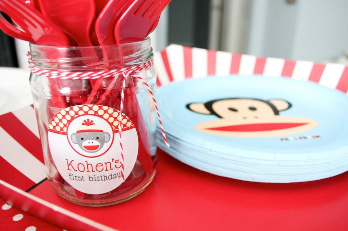 Sock Monkey party - Custom stickers - Sheet of 12 or 24