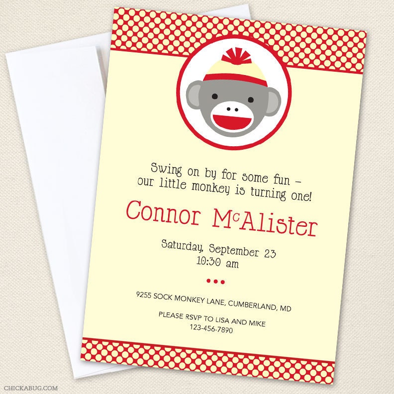 Sock monkey party - Set of 15 custom invitations - Printable file also available