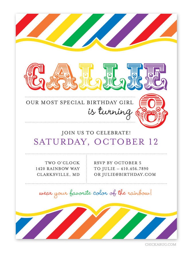 Rainbow party - Set of 15 custom invitations - Printable file also available