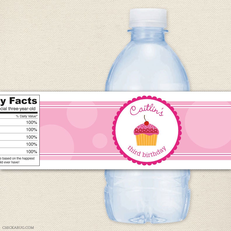Pink cupcake party - Personalized water bottle labels - Set of 15