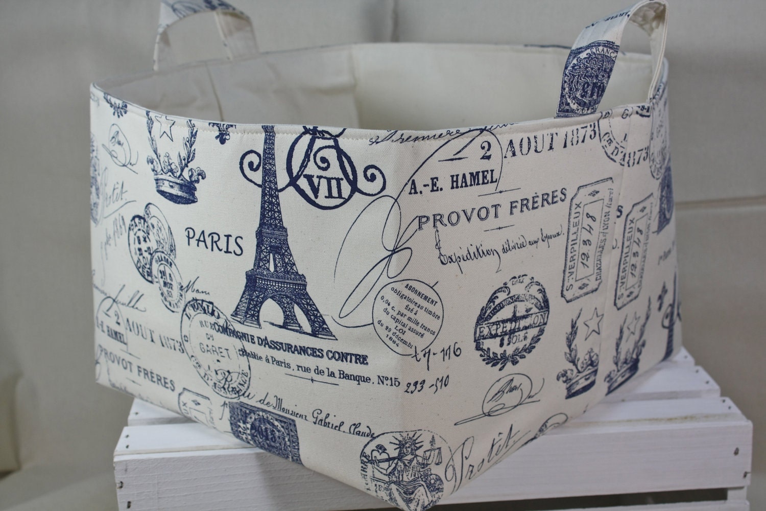13 x 13 x13 Storage Basket Laundry Toy Bin Container Organizer  French Stamp Sunshine/Navy/Natural XL