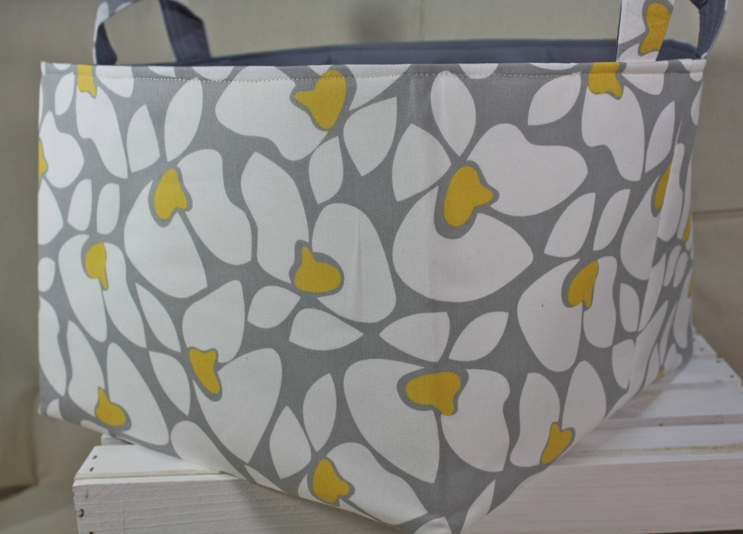 Laundry Toy Bin Basket Storage Container Organizer Medium weight floral fabric gray and yellow XL 14 x 14 x 10