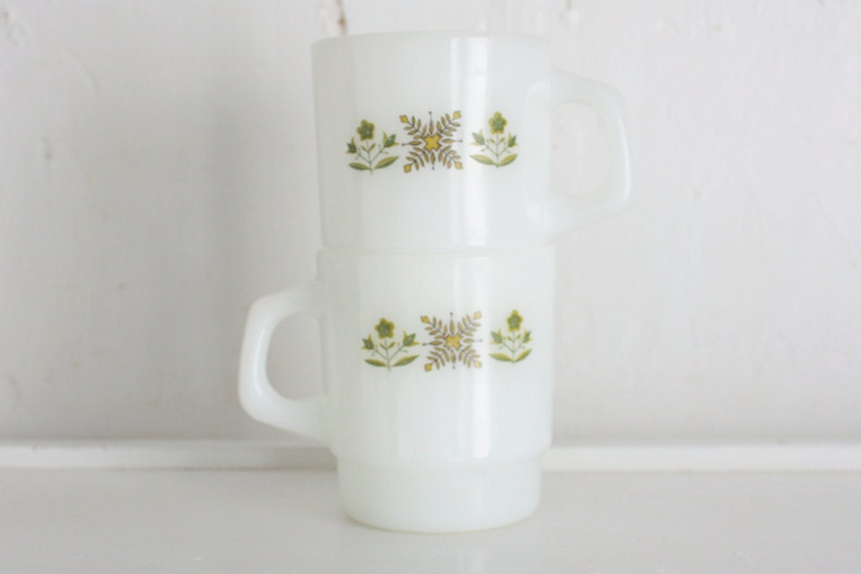 Vintage Fire King Mugs: Set of 2 Meadow Green Pattern Milk Glass Stackable Cups with Flower Motif