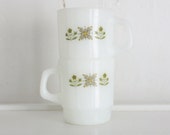 Vintage Fire King Mugs: Set of 2 Meadow Green Pattern Milk Glass Stackable Cups with Flower Motif