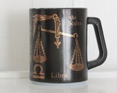 Vintage Federal Glass Libra Zodiac Mug: Retro Milkglass Coffee Cup Painted Black with Gold Scales