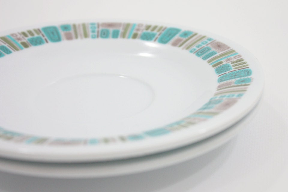 Vintage Melmac Saucers: Texas Ware Aztec Plates, Set of 2, Blue and Gray Atomic Decoration, Vintage 50s, Retro Melamine Saucers