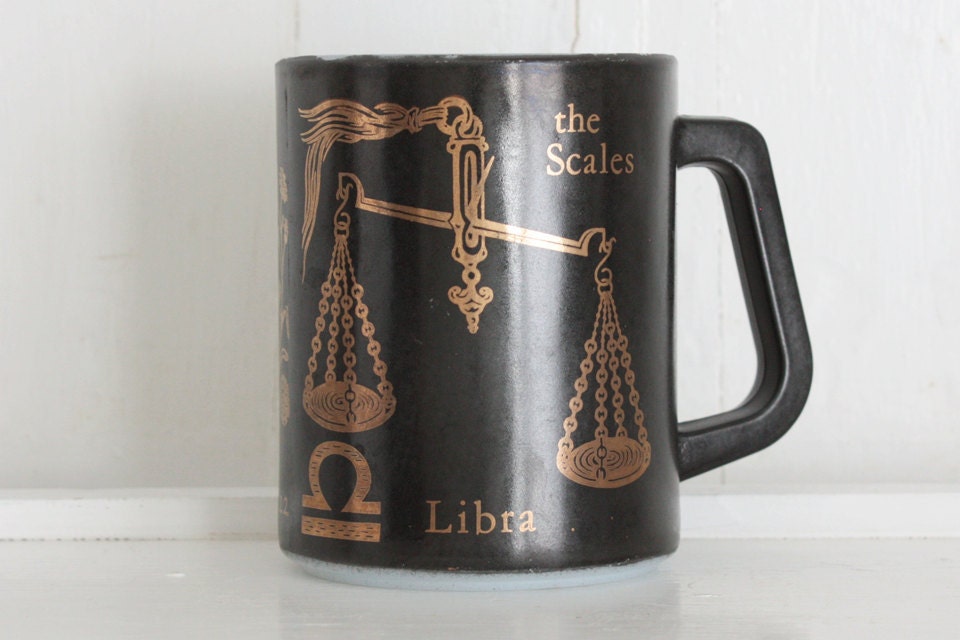 Vintage Federal Glass Libra Zodiac Mug: Retro Milkglass Coffee Cup Painted Black with Gold Scales