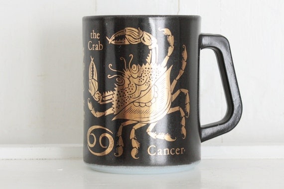 Vintage Federal Glass Cancer Zodiac Mug: Retro Milkglass Coffee Cup Painted Black with Gold Crab