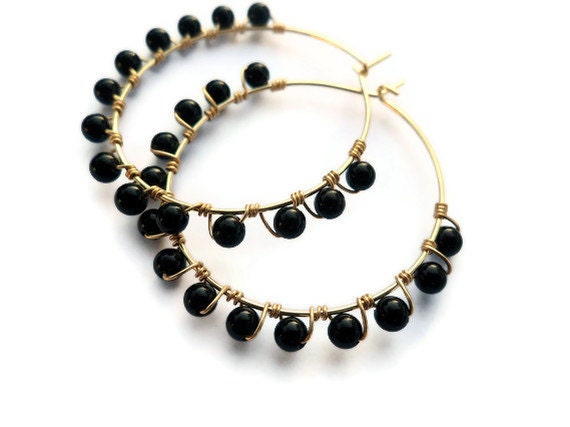 Black & Gold Wire Wrapped Hoop Earrings