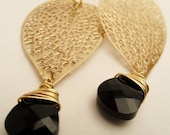 Gold Leaf Earrings with Black Swarovski Drop