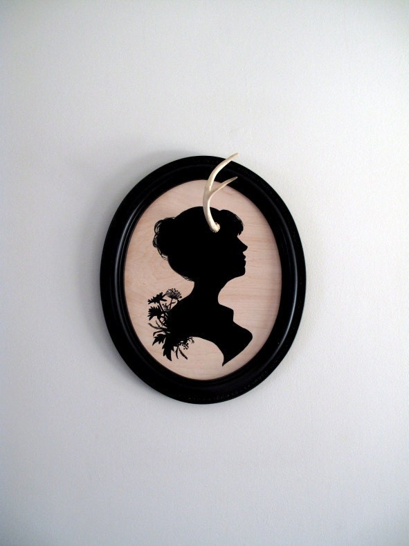 Art-Cameo woman silhouette -3D antler art Original painting- Rustic Shabby Chic