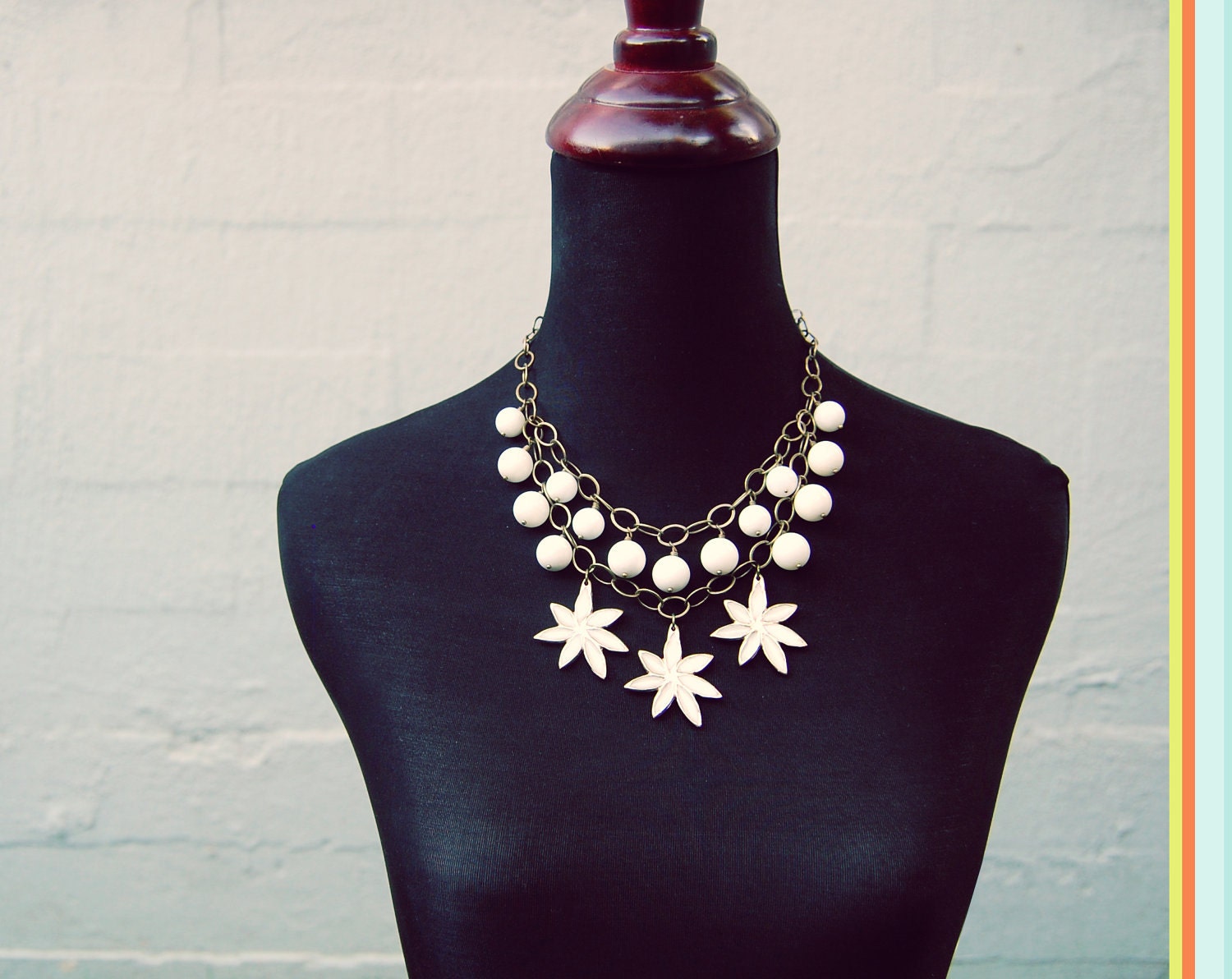 White Triple Pendant Necklace in Bronze