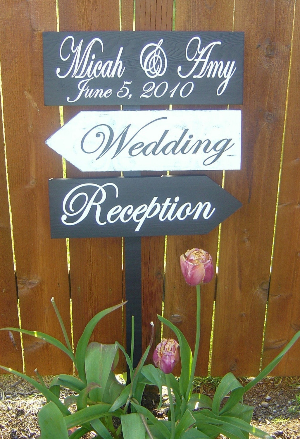 Wooden Directional Wedding Signs with Arrows with Damask Pattern.  Personalized, made to order, wedding signs for your special day.