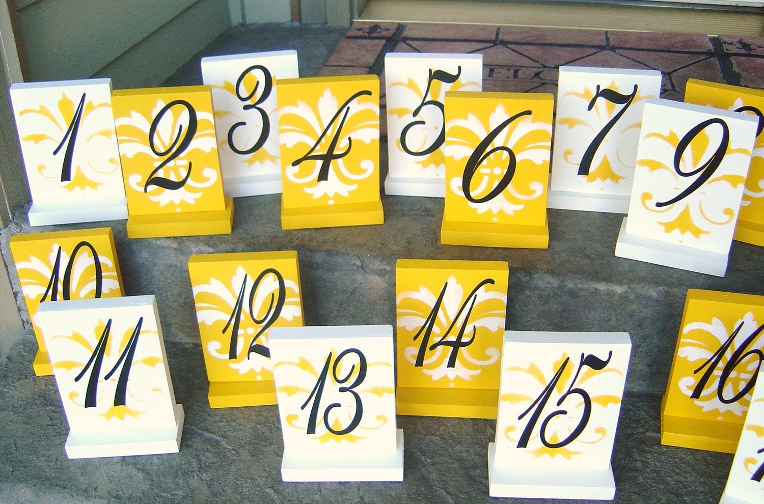 Table Numbers with a Damask Pattern, Self-Standing.   Reception, Rehearsal Dinner or any Special Event.  5 1/2 X 8 1/2 inches, double-sided.